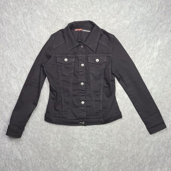 Wrangler Authentic‎ Jean Trucker Jacket Womens M Black Slim Fit Stretch Classic - Picture 1 of 9
